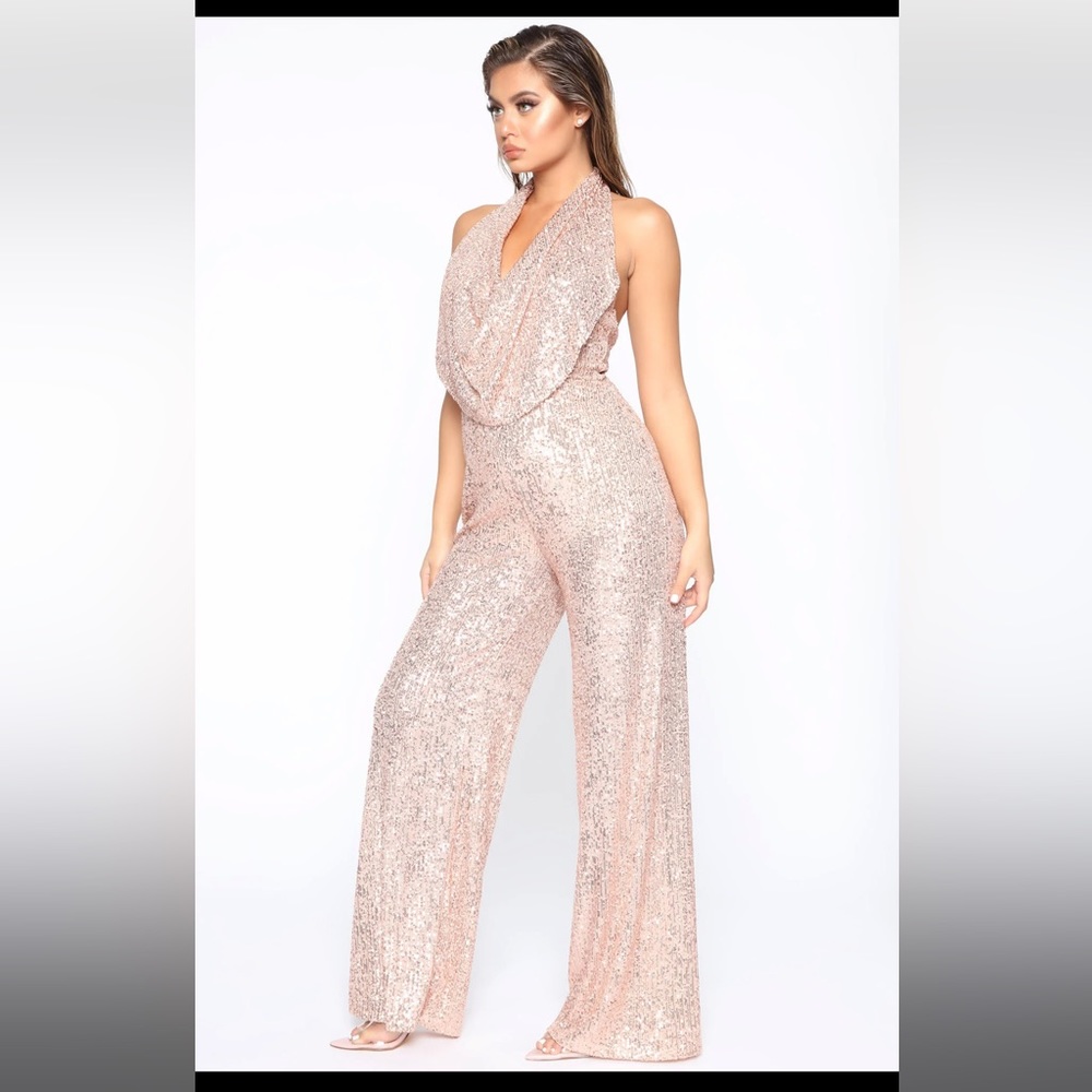 Brightest Shine cowl neck sequin jumpsuit